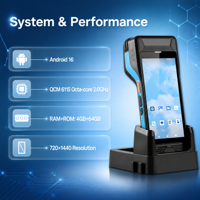 Terminal PDA portable mobile avec imprimante de reçus, écran tactile 5,5 pouces, Android 16 sans fil intégré, imprimante de reçus POS, scanner