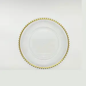 Round Plastic Plates Food Container Acrylic Gold Bead Rim Charger Plates For Wedding Dinner Plate