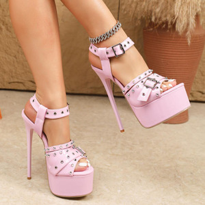 Women Metal Rivets <b>Platform</b> Sandals Peep Toe High Slim <b>Heels</b> Summer Shiny Belt Buckles <b>Ankle</b> <b>Strap</b> Shoes - Product Image 6