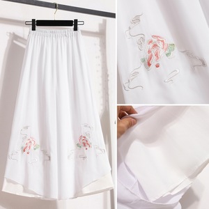 Chinese Style Chiffon Wide Leg Pants Light Blue White Embroidered Floral Elastic Waist Traditional Ethnic Women's Long Pants - Product Image 3