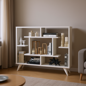 Libreria Geometrica con Scaffali Portaoggetti, 6 Ripiani, in Legno, Arredamento Moderno per Soggiorno, Design Anti-Ribaltamento, Bianca - Product Image 2