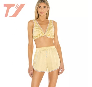 ชุดนอนกางเกงขาสั้นสำหรับ<span class=keywords><strong>ผ</strong></span>ู้หญิงชุดนอนคัสตาร์ดตัดเย็บด้วยผ้าลูกไม้100% ดีไซน์แฟชั่น - Product Image 2