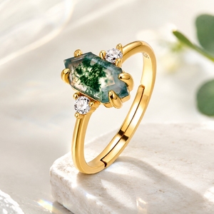Wholesale 925 <strong>Silver</strong> Jewelry Retro Gemstone <strong>Ring</strong> Gold Plated Hexagon Shape Natural Green Moss Agate Round CZ <strong>Statement</strong> <strong>Ring</strong> - Product Image 1
