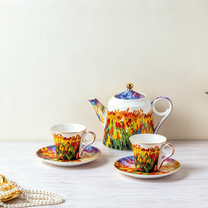<b>Ceramic</b> Tea Set Floral Tulip Design <b>Teapot</b> with Cups and Saucers for Afternoon Tea Durable Drinkware - Product Image 1