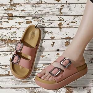 Élégantes sandales plates en cuir PU pour femme, à bout carré, avec boucle, de marque célèbre, pour l'été - Product Image 3