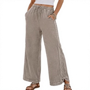Women's Acid Wash Wide Leg Pants <b>Elastic</b> <b>Waist</b> Drawstring Casual Long <b>Trousers</b> <b>with</b> Pockets - Product Image 1