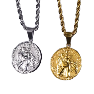 Pendentif pièce de monnaie Jésus Saint Christophe Croix en acier inoxydable plaqué or 18 carats avec strass, chaîne corde de 22 pouces, collier cadeau pour hommes et femmes - Product Image 1