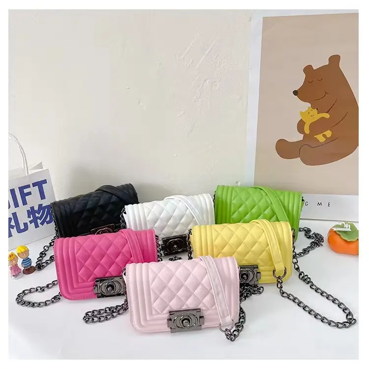 2022 candy color Rhombus chain PU leather kids designer bag purse for kids little girl purse kids handbag mini