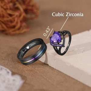 YBcustom 2 Buah Cincin Cetak Teks Pribadi untuk Pasangan Cincin Zirocn Hati Pernikahan Nama Terukir Kustom - Product Image 5