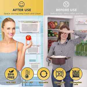 Conteneurs de stockage pour aliments frais, organisateur de vêtements, bacs de rangement avec couvercles, ventilation, plateau de drainage amovible et pliable, tissu non tissé - Product Image 3