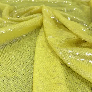 Desain Murah Mewah Penuh Tulle Bordir Jelly Warna Kuning Kain Payet Transparan untuk Gaun Pesta Maxi