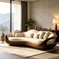 Cremeweiße Moderne Dreisitzer-Chaiselongue-Sofa mit Gebogener Form, Fiberglas-Holzmaserung-Furnier-Rahmen, Organische Wellenform für Wohnzimmer
