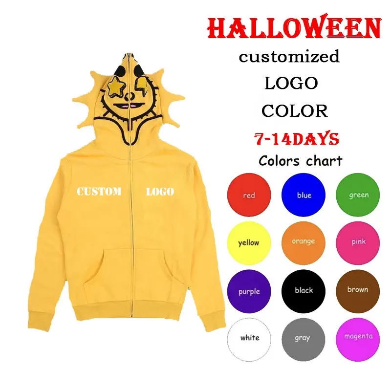 Y2K Custom LOGO French Terry High Quality Plus Size Men Full Zip Up Hoodies Halloween Unisex Heavyweight Sweatshirts Jacket