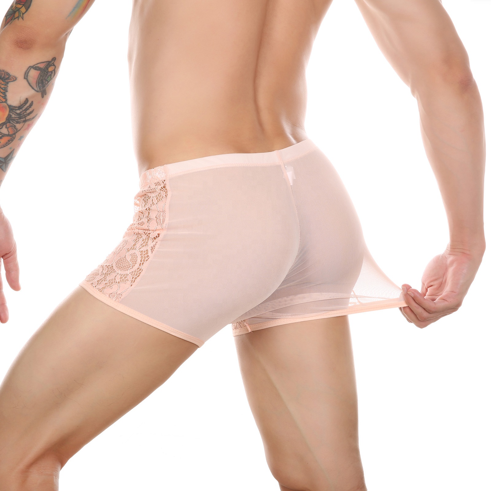 Sissy perspectiva boxer de renda para homens, malha de cintura baixa, sexy, grande, de renda, tecido de renda seda para roupa íntima