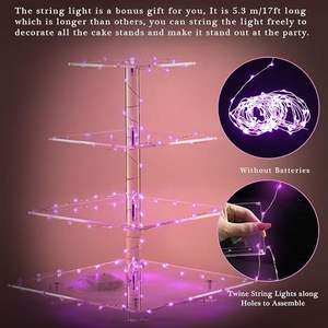 Support à cupcakes carré à 4 niveaux en acrylique transparent moderne et portable avec guirlande lumineuse LED <span class=keywords><strong>rose</strong></span> pour mariages et fêtes d'anniversaire - Product Image 3