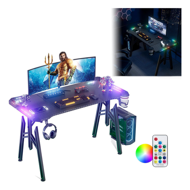 Germany Market M-Frame Gaming Desk with LED Lights Carbon Fibre Surface Gamer Table Black Ergonomic Gamer Table for Bedroom