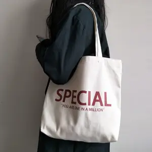 नया कॉलेज स्टाइल मिनिमलिस्ट कैनवास टोट बैग इनसाइड पॉकेट के साथ कस्टम मुद्रित लोगो के साथ सादा कॉटन शॉपिंग टोट बैग