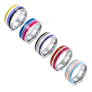 Customized 8mm Stainless Steel Enamel Rainbow LGBT Pride Band Ring Rainbow Gay Lesbian Wedding Band for Men Women
