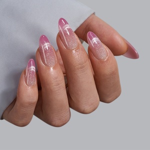 Lot de 30 faux ongles XCOAT à presser, motif œil de chat rose, forme stiletto, longueur moyenne, amande, faits main, en gel souple pour doigts - Product Image 1