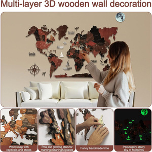 Carte murale en bois 3D Glow the Dark World Map avec épingles, grande décoration murale de salon/bureau, carte de voyage, - Product Image 2