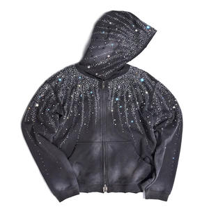 Custom High Quality <b>Zip</b> <b>Up</b> Jacket Rhinestone Boxy Oversized Acid Wash Vintage Cotton French Terry Custom <b>Cropped</b> Diamond <b>Hoodie</b> - Product Image 1