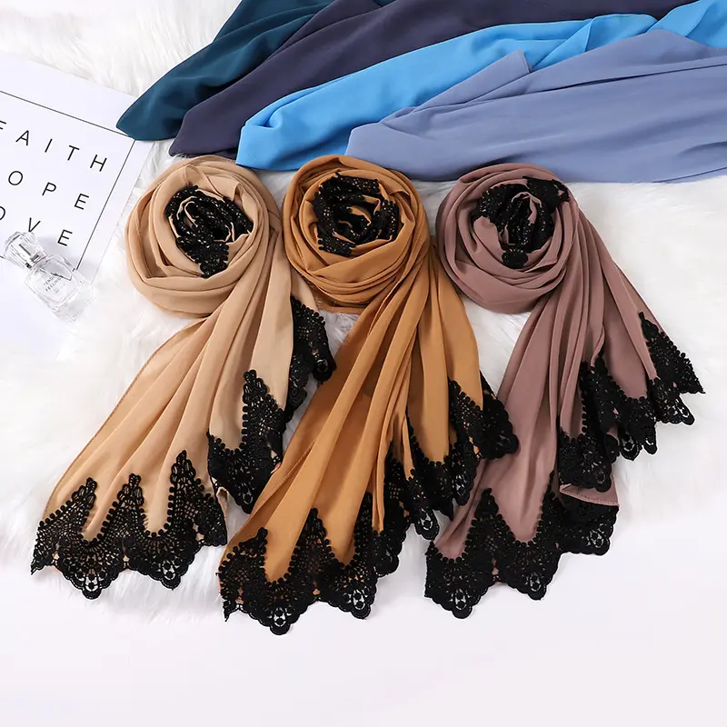 Spring Newest Fashion Black Lace Pearl Chiffon Hijab Muslim Ladies Headscarf Wraps Scarf