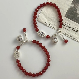 Bracelet porte-bonheur en argent pur et agate rouge pour femmes, bijoux en corde élastique de style chinois, à porter au quotidien - Product Image 2