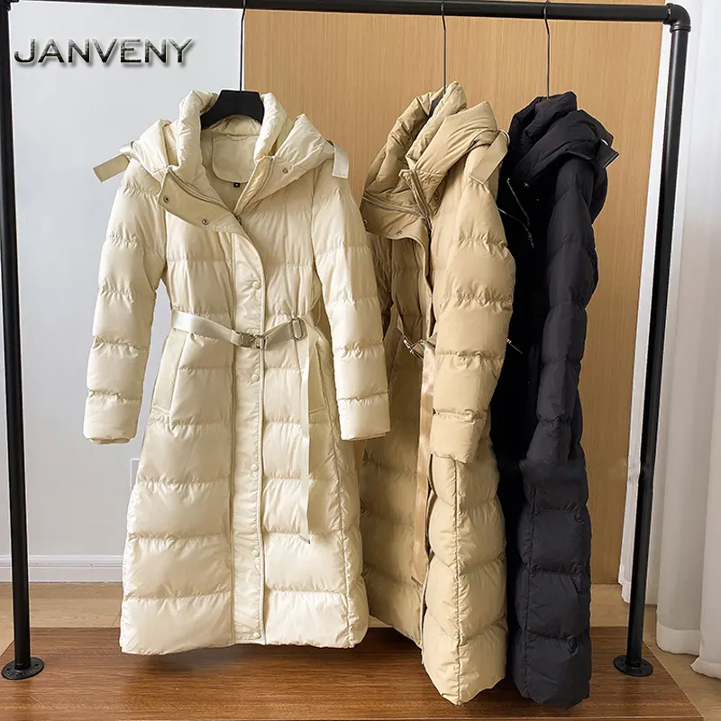 JANVENY 2022 नई शीतकालीन फैशन Hooded लंबी Parkas महिलाओं जिपर 90% सफेद बतख नीचे बज कोट स्लिम फीता-अप बर्फ झोंके घिसना