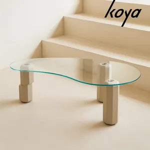 新しいデザイン曲がった強化ガラスティーポイティーテーブルデザインソリッドオークウッド強化強化リビングルームコーヒーテーブルガラスティーポイ