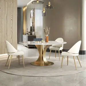 Ensembles de <span class=keywords><strong>table</strong></span> à manger ronds en marbre de luxe <span class=keywords><strong>Table</strong></span> pivotante en acier inoxydable doré avec chaises pour la maison salle à manger Restaurant - Product Image 1