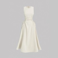 Robe longue trapèze sans manches en polyester lavé imprimé pour femme, taille élastique, style bohème décontracté, tenue d'été pour les vacances