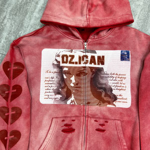 500 Gsm Streetwear algodón desgastado Zip Hoodie impresión personalizada gráfico peso pesado Hoodie ácido lavado de gran tamaño Zip up Hoodie - Product Image 3