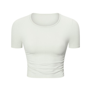 DS374 Damen Geripptes Strukturiertes Crop-Top mit Geraffter Taille Kurzarm Hochelastisch Naked-Feel Slim Fit Yoga-Oberteil - Product Image 6