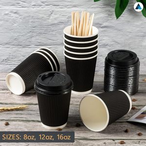 Tasses à café à emporter avec couvercles jetables isolées Triple paroi ondulation papier Kraft café thé ou liquides chauds noir en gros - Product Image 2