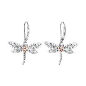 2023 New Arrival Trendy 925 Sterling Silver Celtic Dragonfly Cute Animal Drop Hoop Earrings Jewelry For Women Girls Teen