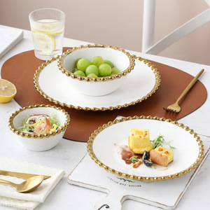 Offre Spéciale : <span class=keywords><strong>Service</strong></span> <span class=keywords><strong>de</strong></span> <span class=keywords><strong>Table</strong></span> <span class=keywords><strong>de</strong></span> Luxe en <span class=keywords><strong>Porcelaine</strong></span> Blanche Style Européen avec Bordure Dorée Perlée pour Fêtes et Mariages - Product Image 5