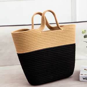 Handmade <b>straw</b> woven <b>bag</b>, beach <b>bag</b>, new style, fashionable color-blocked design for women, perfect for seaside vacations. - Product Image 1