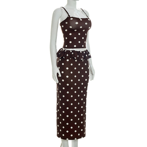 Viviblook Y26ST248 Women Summer Skirt Set New Polka Dot Sexy Sleeveless <b>Suspender</b> Tank Top Split Maxi Skirt Two Piece Set - Product Image 3