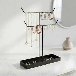 Modern <b>Rectangular</b> Jewelry Display Stand with Adjustable Hooks and Tray for Necklaces Bracelets <b>Watches</b> Rings - Product Image 5