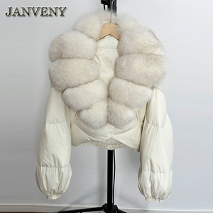JANVENY Piumino Corto Invernale 2025 da <span class=keywords><strong>Donna</strong></span> con Vera Pelliccia di Volpe, Giacca Calda e Spessa con 90% Piumino d'Anatra Bianco, Modello Cropped Ampio e Impermeabile - Product Image 6