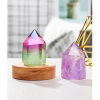 Lámpara de Noche de Cristal Natural en Forma de Columna, Lámpara de Cristal Hexagonal LED, Adorno Decorativo con Base de Madera, Alimentado por USB