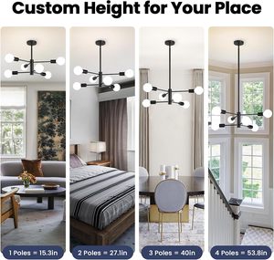 Modern Mid Century <strong>Sputnik</strong> Chandelier 6 <strong>Light</strong> Matte Black Metal Hanging <strong>Fixture</strong> for Dining Room Kitchen Island Living Room - Product Image 3