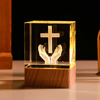 Mini 50mm cristal Cube veilleuse lampe 3D gravé au Laser décoration Base en bois carré verre décoration