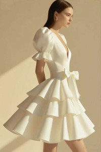 Đầm mini xếp tầng eo thắt nơ tay phồng cổ chữ V sâu màu trắng thanh lịch bán chạy - Product Image 6