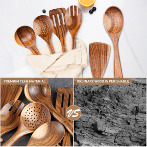 Juego de 6 Utensilios de Cocina de Madera de Teca Natural, Resistentes al Calor, Antiadherentes y Antiarañazos, con Orificio para Colgar - Product Image 4