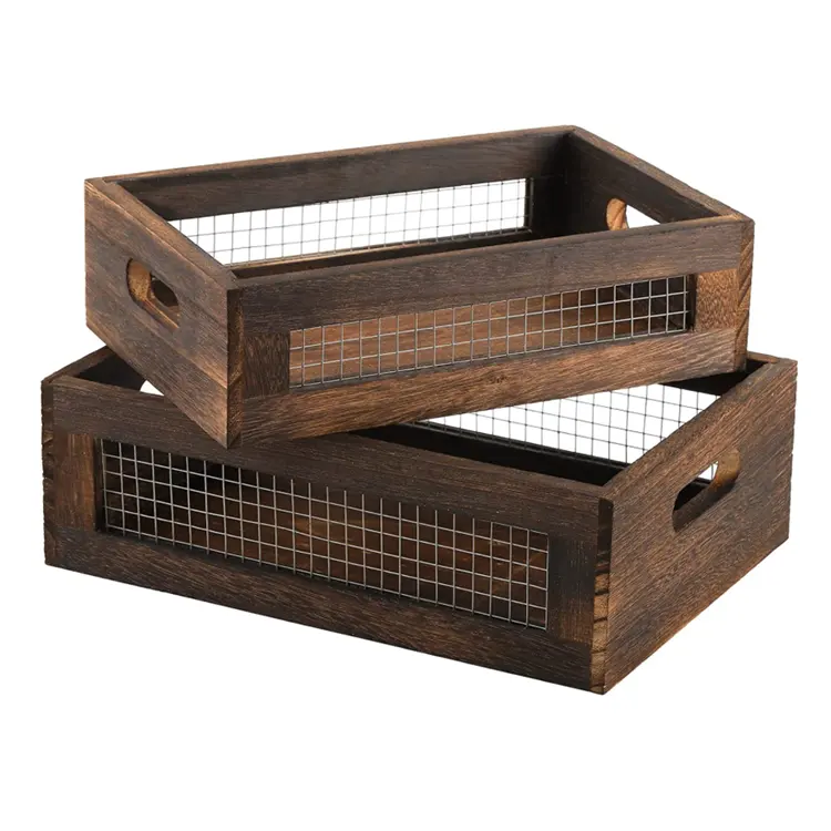 Decorative Rustic Wooden Nesting Storage Boxes Wood Crates with Handle