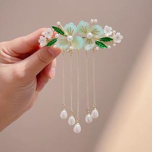 Barrette à <span class=keywords><strong>Cheveux</strong></span> Fleurie de Style Chinois, Épingle Rétro pour Filles <span class=keywords><strong>avec</strong></span> Pompon, <span class=keywords><strong>Pince</strong></span> à <span class=keywords><strong>Cheveux</strong></span> Classique <span class=keywords><strong>Perle</strong></span> Fleurie à Ressort pour Femmes - Product Image 6