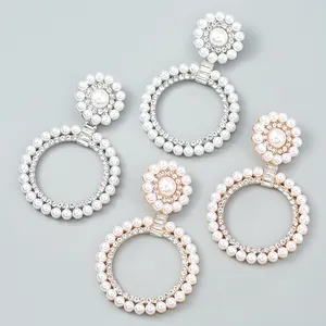 Women's temperament catwalk model multi-layer pearl round pendant earrings exaggerated exquisite shiny rhinestone earrings