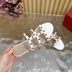 White Multi-Strap Slide Sandals with Red and Gold Studded Accents - Product Image 5