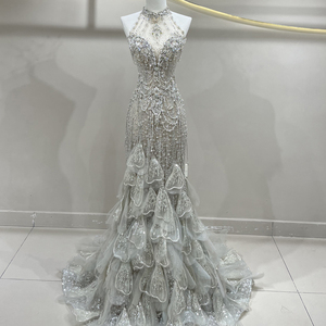 JFH93 Luxury Tassel Halter <b>Silver</b> Crystal Mermaid Wedding <b>Dresses</b> For Women - Product Image 1